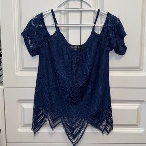 Society Girl Cold Shoulder Blue Lace Top Shirt
